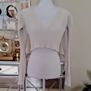 Zara White Cream Ribbed Knit Crop Top Sweater Large